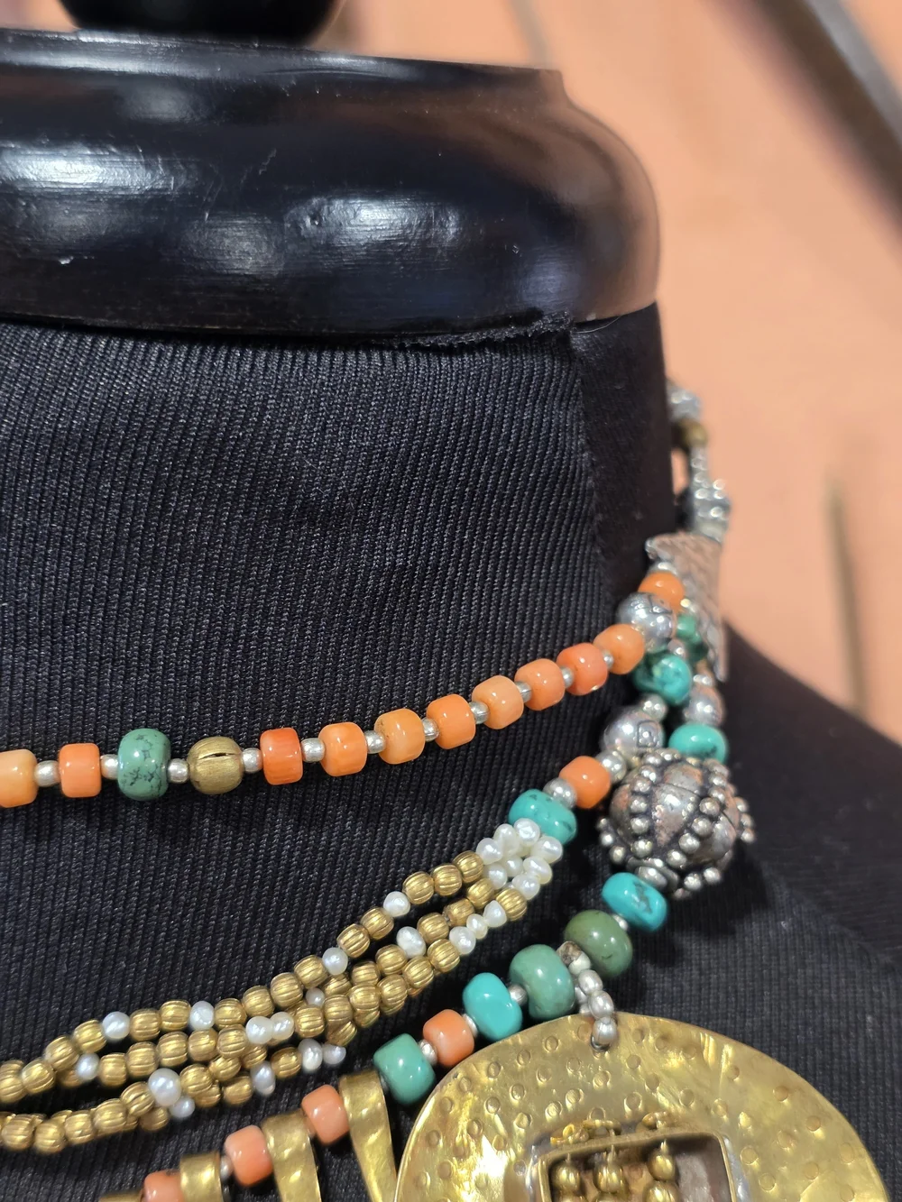 Layered Gold Medallion Necklace with Turquoise and Coral Beads